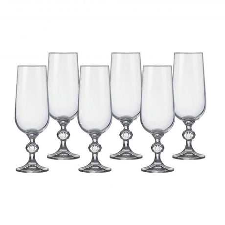 Elegant set of 6 Bohemia Claudia 180ml cut crystal flutes, featuring a diamond ball design, perfect for celebrating special occasions.