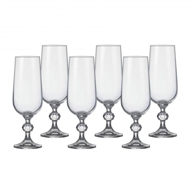 Elegant set of 6 Bohemia Claudia 180ml cut crystal flutes, featuring a diamond ball design, perfect for celebrating special occasions.