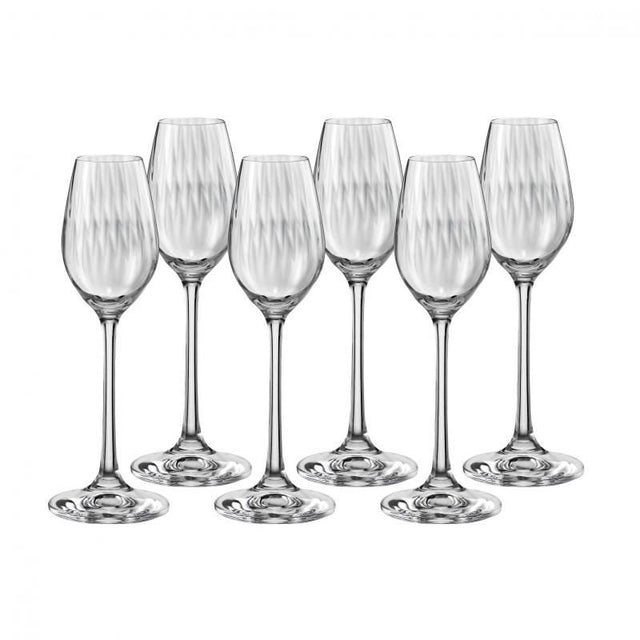 Set of 6 elegant Bohemia Waterfall liqueur glasses in lead-free crystal, perfect for enhancing flavors and aromas of drinks.