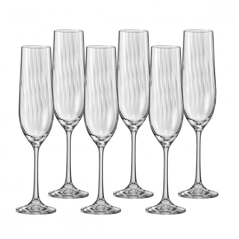 Set of 6 Bohemia Waterfall flutes in lead-free crystal, featuring elegant design for sparkling wines and Champagne.