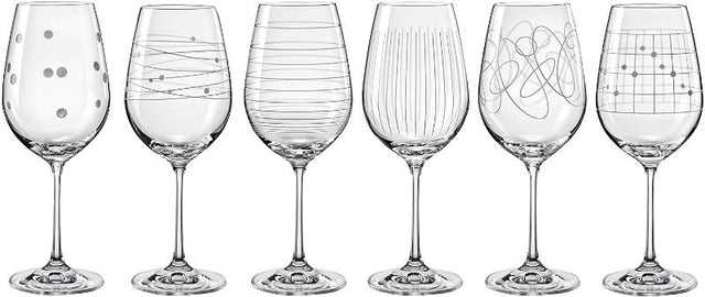 Set of 6 sophisticated 450ml crystal wine glasses, 23.5cm tall, perfect for enhancing dining and wine experiences.