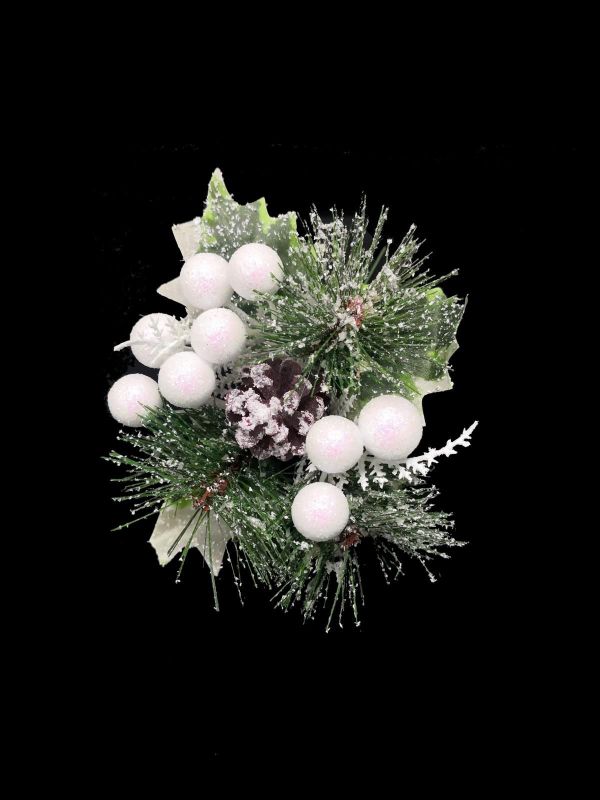 Snowy Pine Pick featuring a pine cone and white berries, perfect for festive home decor and winter arrangements.