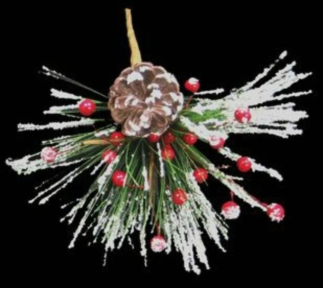 Snow Needle Pine Pick w/Cone featuring snow-dusted leaves and a natural cone, perfect for festive holiday decorations.