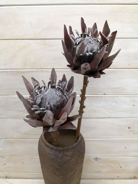 Lifelike small artificial King protea in coffee color, 48 cm long, perfect for stylish home decor and floral arrangements.