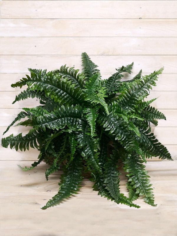 Artificial Boston Fern Hanging Basket with lush green leaves, perfect for low-maintenance indoor or outdoor decor.