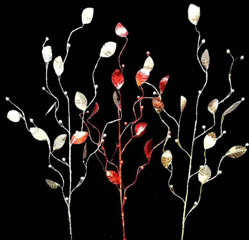Vibrant red artificial leaf spray with beads, perfect for home decor and events, adding charm without maintenance.