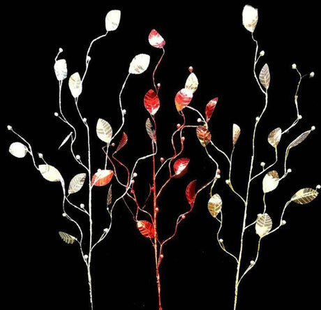 Vibrant red artificial leaf spray with beads, perfect for home decor and events, adding charm without maintenance.