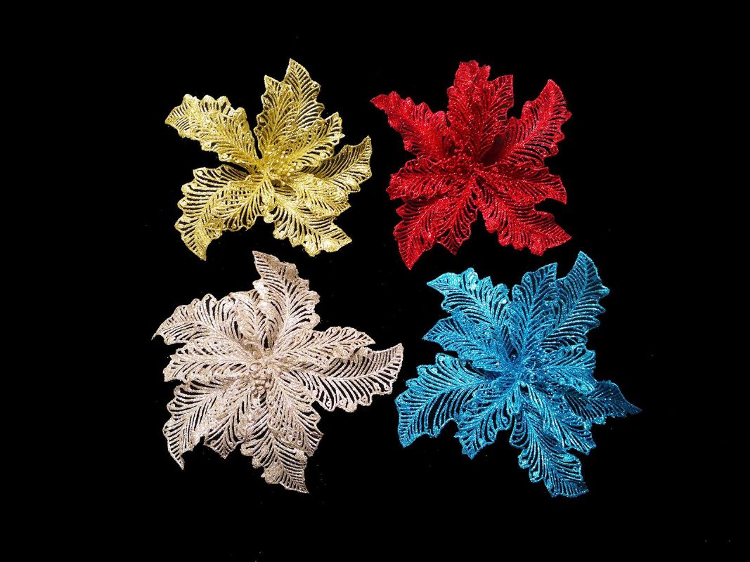 Glittered blue poinsettia head measuring 24 cm, perfect for festive decor and holiday arrangements.