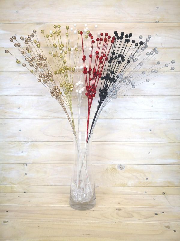 Gold glittered bead spray with flexible stem for elegant floral arrangements and DIY crafts. Perfect for adding sparkle.