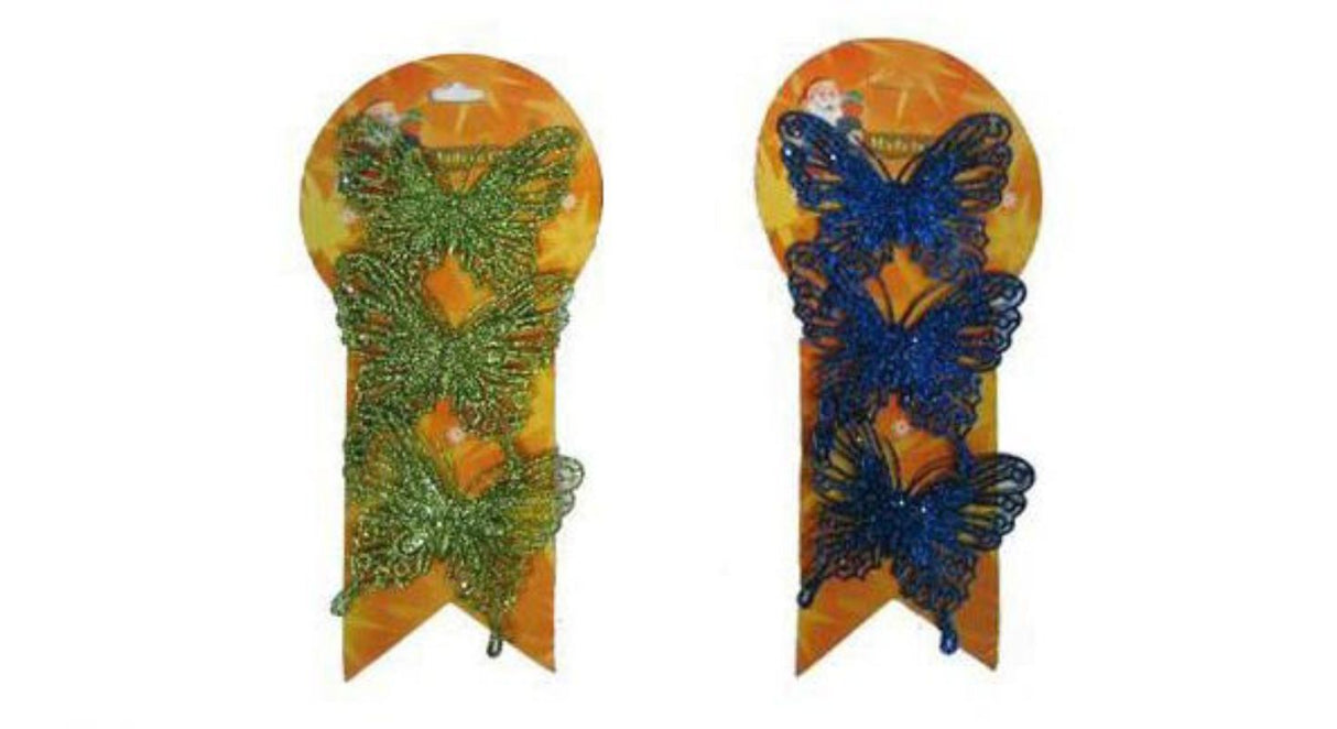 Three enchanting blue tie-on butterflies for decor, perfect for gifts, floral arrangements, or DIY projects.