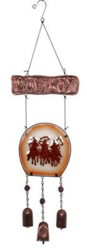 70cm Cowboy wind chime made of metal and glass, featuring intricate Wild West designs for serene outdoor ambiance.