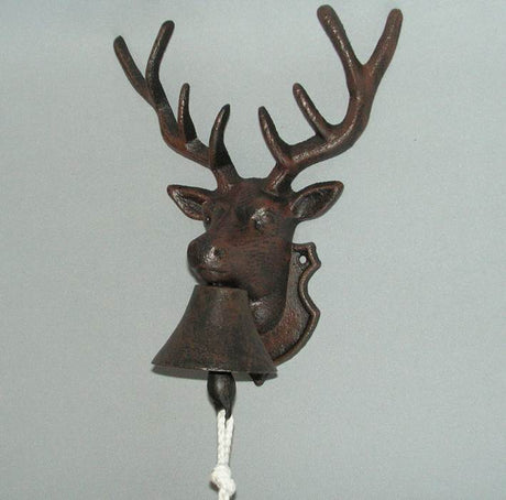 Rustic metal doorbell featuring a charming deer design, crafted from durable wrought iron for indoor and outdoor use.