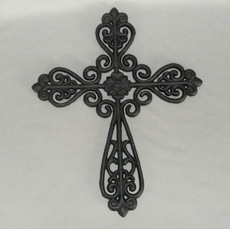 Elegant black cast iron cross wall hanging, 26 x 33cm, perfect for indoor and outdoor decor, blending style and durability.