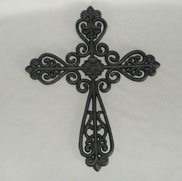 Elegant black cast iron cross wall hanging, 26 x 33cm, perfect for indoor and outdoor decor, blending style and durability.