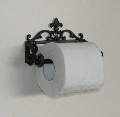 Stylish wall-mounted toilet roll holder in premium wrought iron, perfect for enhancing decor and maximizing bathroom space.