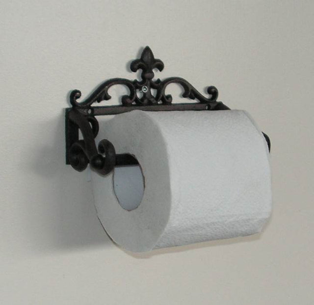 Stylish wall-mounted toilet roll holder in premium wrought iron, perfect for enhancing decor and maximizing bathroom space.