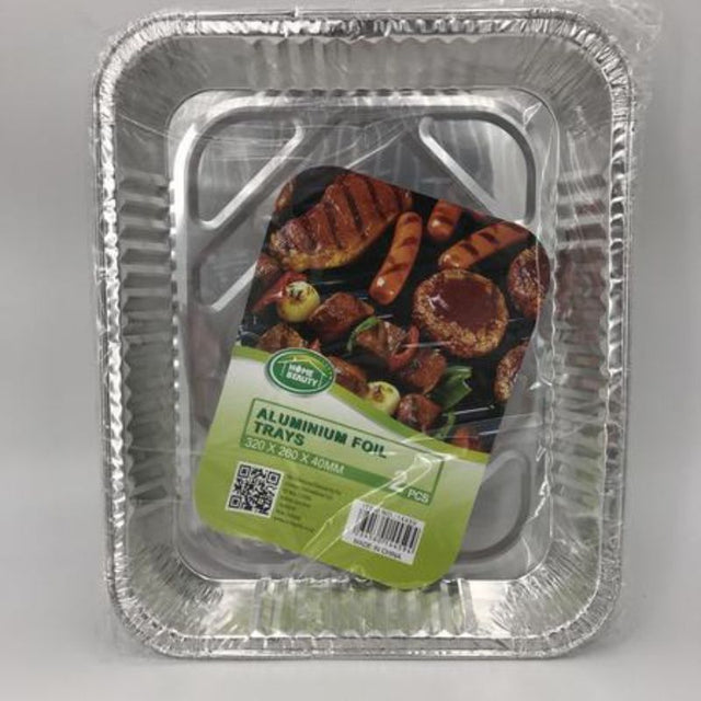 Aluminum foil trays, 320MM size, perfect for baking, roasting, and serving dishes; package of 24 for easy meal prep and storage.
