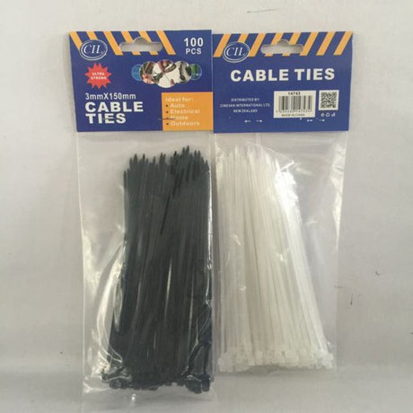 Durable black cable ties, 3mm wide and 150mm long, perfect for organizing cables, plants, and materials; 1200 pieces total.