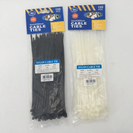 Durable 4 x 200mm cable ties in bulk, perfect for organizing cables and wires at home or in industrial settings. 1200 pieces total.