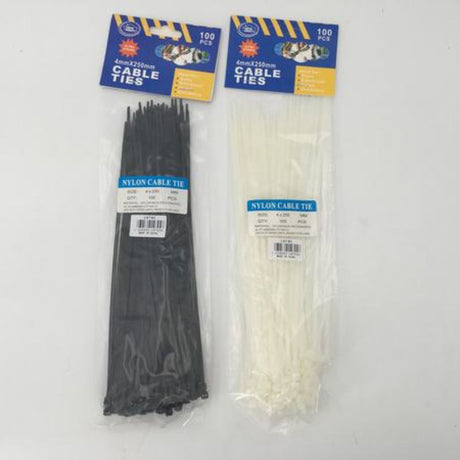 Durable nylon cable ties (4 x 250mm) in a 1200-piece pack for effective cable management and organization.