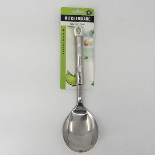 Set of 12 stainless steel cooking spoons with ergonomic design, perfect for stirring, serving, and mixing dishes.