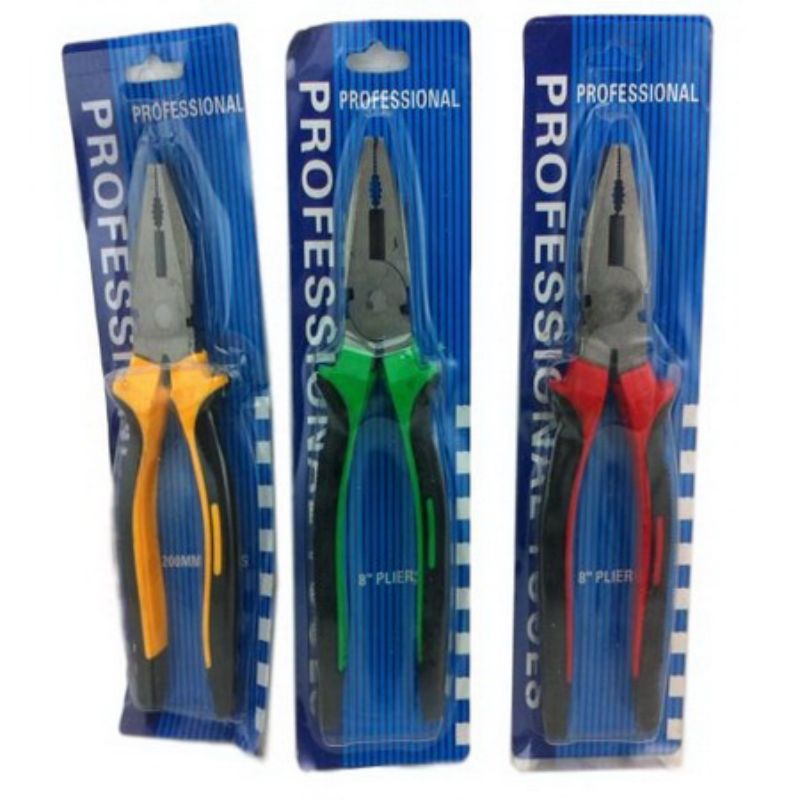 Assorted 8" pliers set featuring needle-nose, slip-joint, and cutting pliers for versatile, durable use in various tasks.