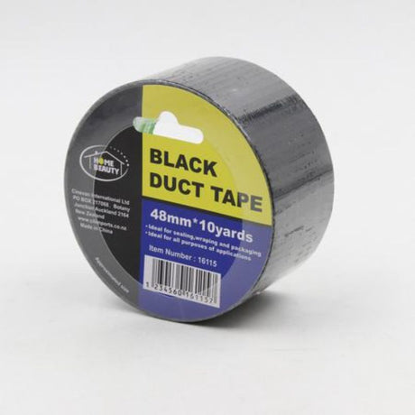 Durable black duct tape set of 12 rolls, ideal for repairs and DIY projects, measuring 48mm x 10y with strong adhesive.