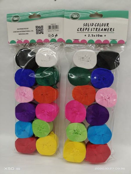 Vibrant mixed crepe streamers in 12 colors, 2.5 x 10M, perfect for decorating parties and festive events.