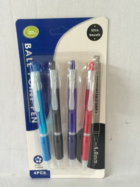 Colorful 4-piece ball pen set in 12 packs, ideal for smooth writing and long-lasting use in offices or classrooms.