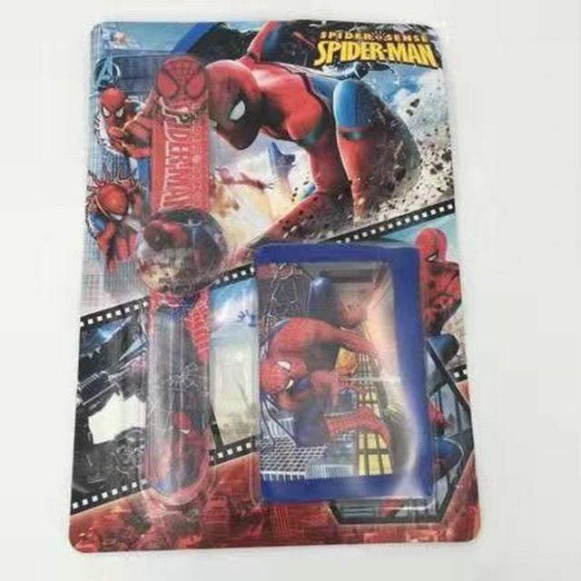 Spiderman-themed stationery set for kids, including crayons, stickers, and a notebook, perfect for creative adventures.