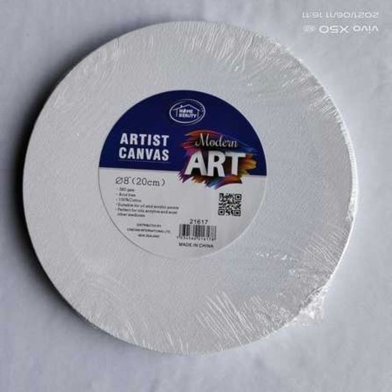 Set of 6 round 20cm artist canvases, perfect for painting and crafting with acrylics, oils, or watercolors.