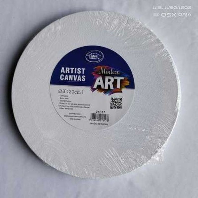 Set of 6 round 20cm artist canvases, perfect for painting and crafting with acrylics, oils, or watercolors.