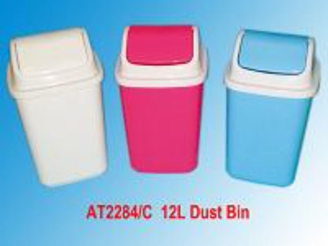Assorted 12L plastic rubbish bins, ideal for homes or offices, featuring durable design and vibrant colors for stylish waste management.