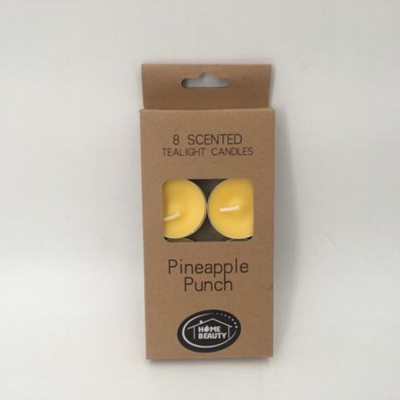 Bright yellow tealight candles in bulk, infused with tropical pineapple punch fragrance for uplifting ambiance and celebrations.