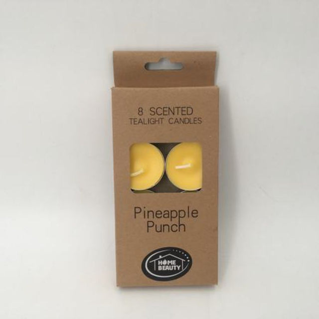 Bright yellow tealight candles in bulk, infused with tropical pineapple punch fragrance for uplifting ambiance and celebrations.