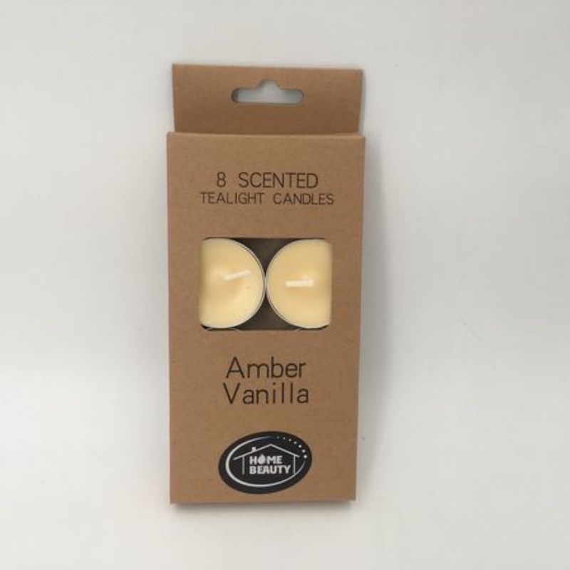 Beige Tealigth Candles (96pcs) emitting amber vanilla scent, perfect for relaxation and ambiance enhancement.