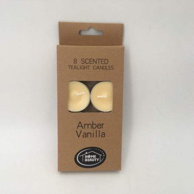 Beige Tealigth Candles (96pcs) emitting amber vanilla scent, perfect for relaxation and ambiance enhancement.