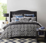 Queen duvet set featuring a striking charcoal geometric design with plush chenille, includes duvet cover and pillowcases.