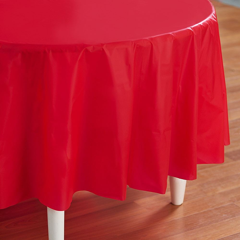 Round red table covers, 84 inches, ideal for 8-seater tables, easy to clean, suitable for any event, on clearance sale.
