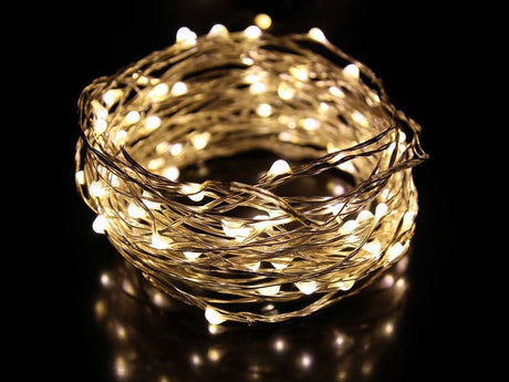 Warm white LED seed lights on silver wire, 5M long, perfect for enchanting indoor decorations and events.