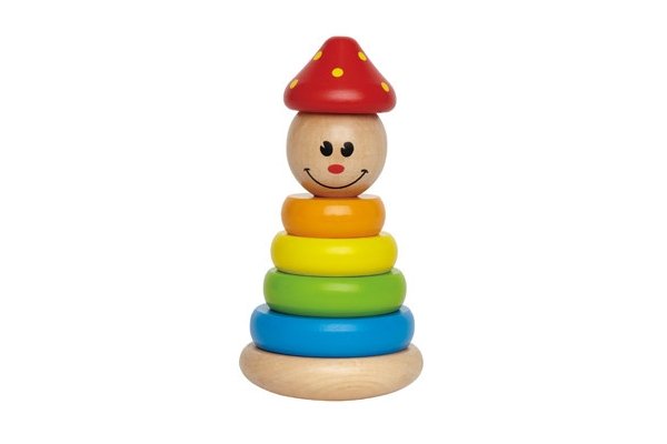 Colorful wooden clown stacker with a wobbling base, designed for toddlers to enhance creativity and fine motor skills.