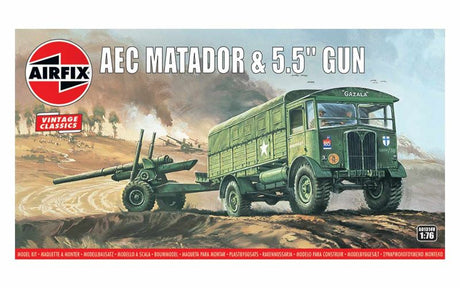 1:76 scale Airfix model kit of AEC Matador with 5.5" gun, featuring 67 detailed plastic pieces for military modeling enthusiasts.