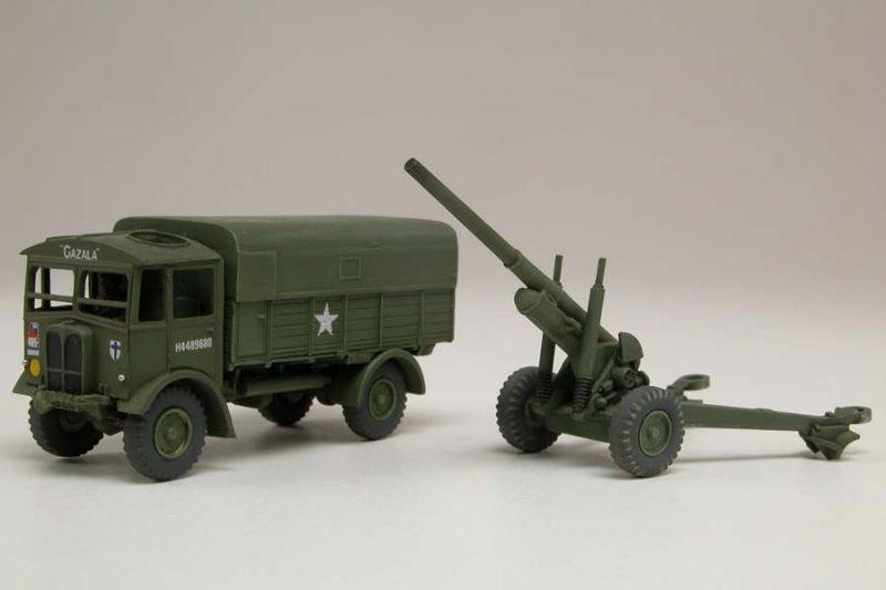 Airfix 1:76 AEC Matador model kit with 5.5" gun, showcasing detailed plastic pieces for military history enthusiasts.