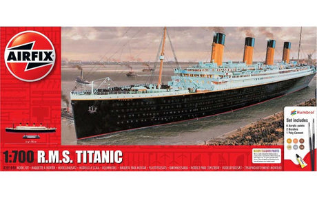 1:700 scale model of the RMS Titanic by Airfix, featuring 141 pieces, paints, decals, and tools for history enthusiasts to build.