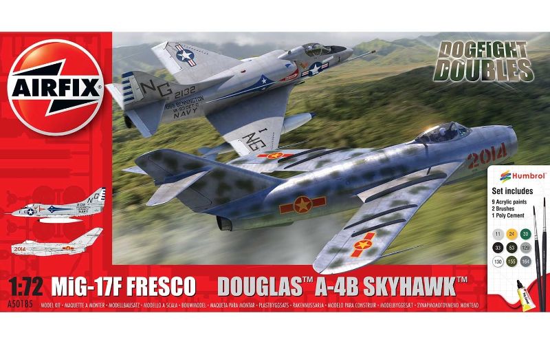 Detailed 1:72 scale model kit featuring A4 Skyhawk and MiG-17F aircraft, ideal for aviation enthusiasts and hobbyists.