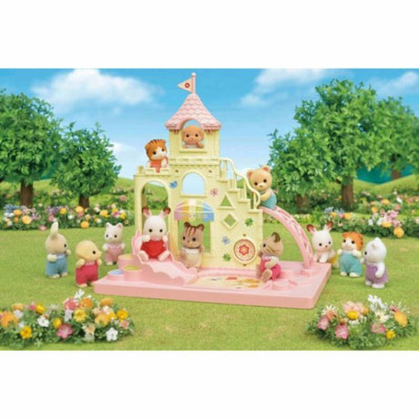 Alt text: "Baby Castle Playground playset with Chocolate Rabbit Baby, featuring slide, ladder, and sandbox for imaginative play."