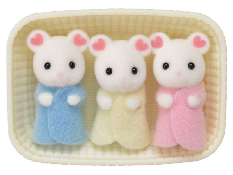 Adorable Marshmallow Mouse Triplets in a cozy cradle, featuring unique flower petal ear patterns and removable clothing.