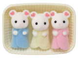 Adorable Marshmallow Mouse Triplets in a cozy cradle, featuring unique flower petal ear patterns and removable clothing.