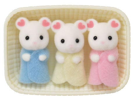 Adorable Marshmallow Mouse Triplets in a cozy cradle, featuring unique flower petal ear patterns and removable clothing.