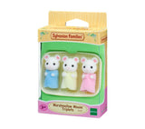 Three adorable Marshmallow Mouse triplets in flower-patterned ears, cradled in a cozy bed for imaginative play.